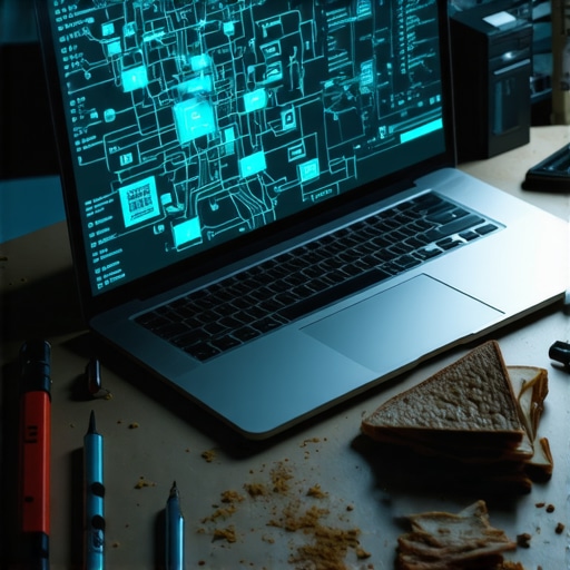 A laptop displaying a digital mind map surrounded by physical tools, representing the fusion of AI and practical work.