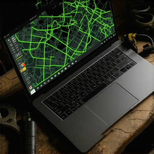 Laptop sa prikazom optimizacije rute goriva na radnom stolu u garaži