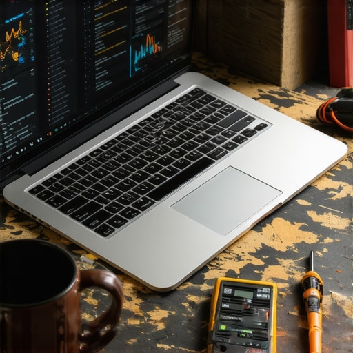 Laptop displaying data clustering on a messy workshop table with tools
