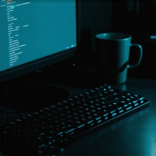 DIY AI Email Automation Setup A gritty workshop-style desk with a keyboard and AI coding on screen for email automation