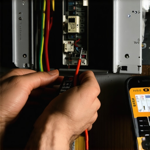 Hands testing a smart relay in an electrical box with a multimeter