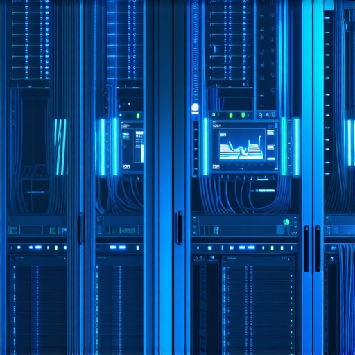 Close-up of a server rack with AI monitoring visuals