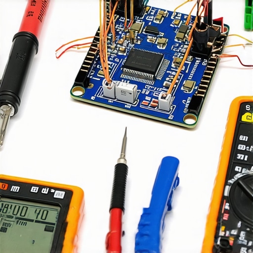 Close-up of a DIY brain-computer interface setup with electrodes and wires on a maker's workbench.
