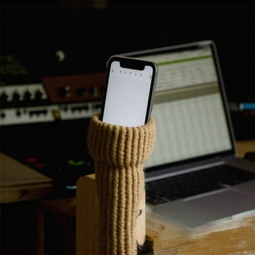 Close-up of a smartphone with a sock pop-filter on a workbench representing DIY music production.
