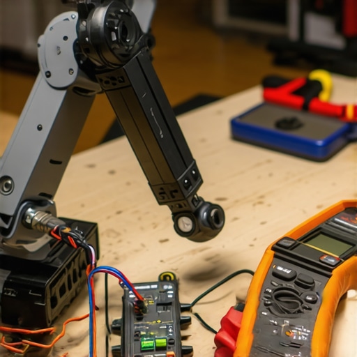 Detaljan prikaz robotske ruke na radnom stolu sa vidljivim kablovima i alatima