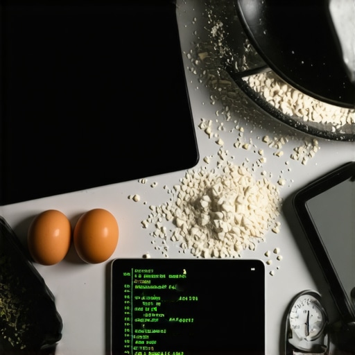 Tablet sa ChatGPT kodom pored sirovih sastojaka i kuhinjskog alata na tamnoj radnoj ploči.