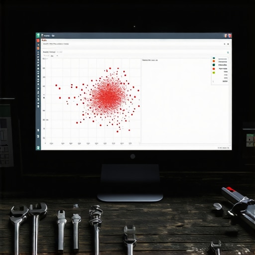Digitalni grafikon klasterizacije podataka na ekranu okružen mehaničarskim alatima