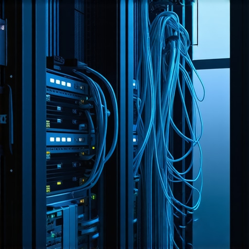 Close-up server rack in a workshop setting with blue lighting