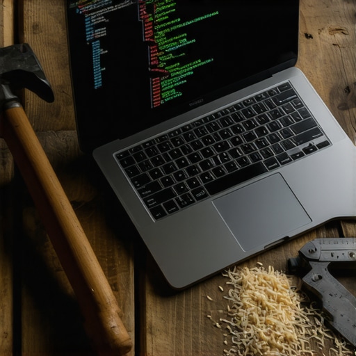 Laptop na drvenom stolu sa starim alatima prikazuje Copy.ai workflow