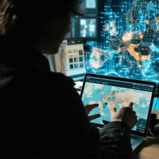 Planiranje putovanja uz AI u radionici Čovjek planira putovanje koristeći laptop i digitalne mape u realističnom okruženju