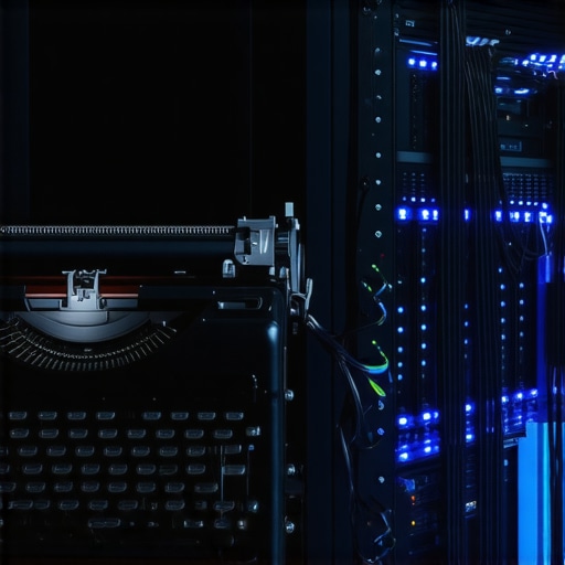 Kombinacija stare pisaće mašine i modernih servera koja simbolizuje pravni aspekt AI tehnologije