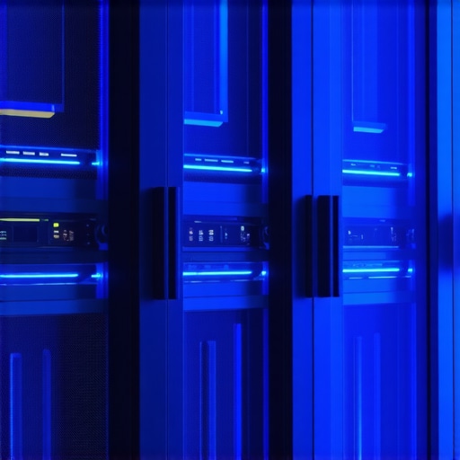 Moderni serverski rek sa plavim LED osvjetljenjem u data centru