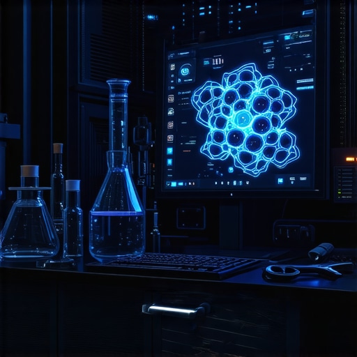 A gritty view of a computer workstation showing protein folding simulations and server hardware.