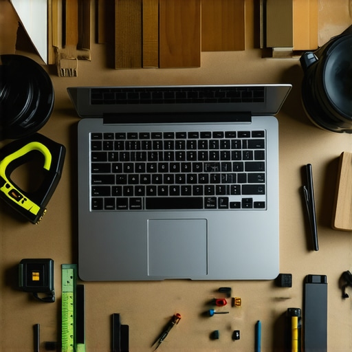 A laptop showing interior design software on a workbench with physical tools