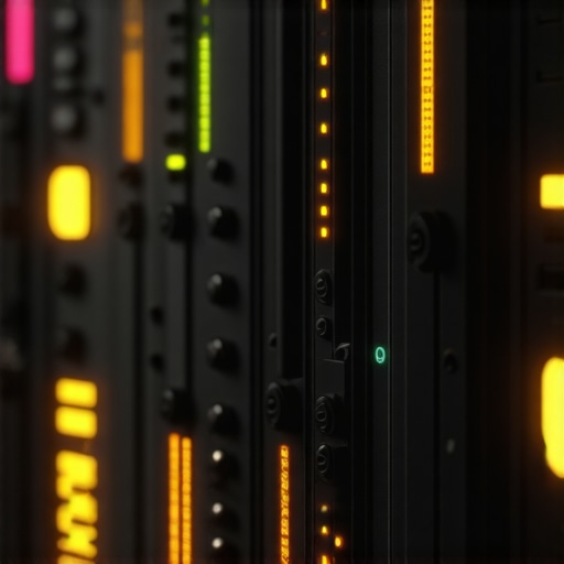 Close-up of AI music algorithms and technical mixing equipment in a workshop setting.