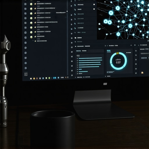 Power BI dashboard with AI visualizations on a workstation