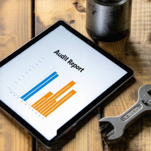 Digitalni izvještaj o sigurnosti AI sistema pored mehaničarskog alata na radnom stolu.