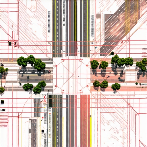 Digital architectural visualization of city street planning using AI algorithms and data overlays.