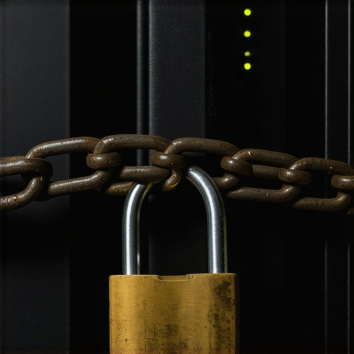 Zaključani server sa lancima koji predstavlja strogu zakonsku regulativu vještačke inteligencije u firmi