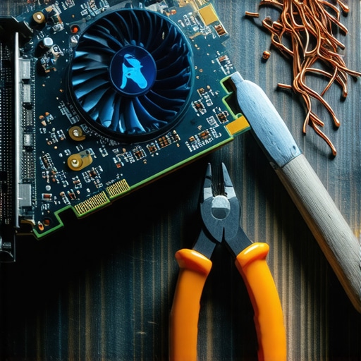 AI hardver u radionici Detaljan prikaz grafičke kartice i alata na drvenom stolu