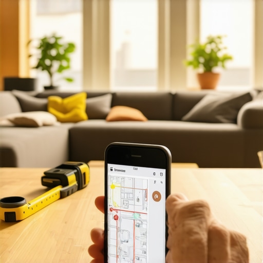 Osoba koristi pametni telefon za AR skeniranje sobe i planiranje namještaja uz AI.