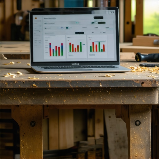 Stari laptop u radionici prikazuje AI analitiku troškova