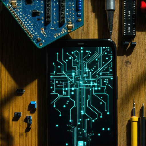 Android AI Workshop Setup 2026 Android smartphone with AI interface on a professional workbench with electronics tools
