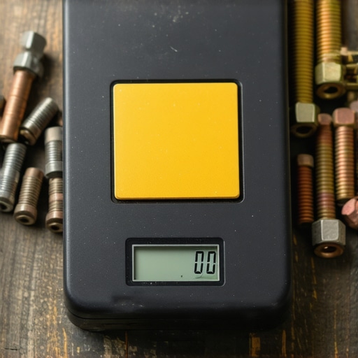 Balansiranje podataka u AI radionici Digitalna vaga balansira čip i šarafe u industrijskom okruženju