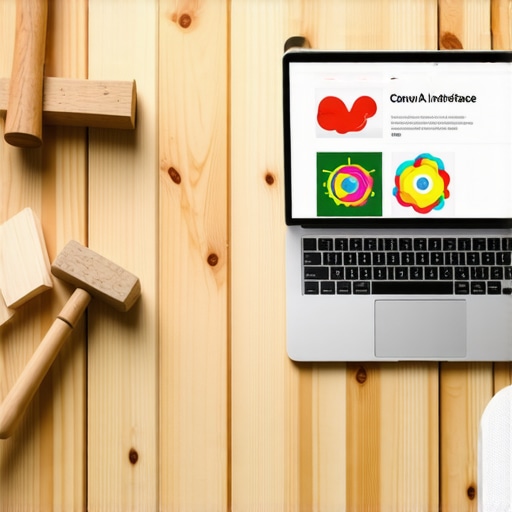 Laptop sa Canva AI dizajnom na drvenom stolu okružen stolarskim alatima