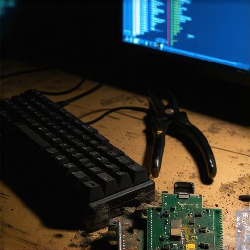 Close up of a workbench with tools and a screen showing AI data automation process