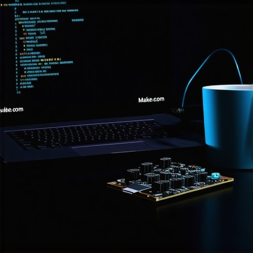 Detaljan prikaz Make.com automatizacije na laptopu u tamnoj sobi sa elektronikom