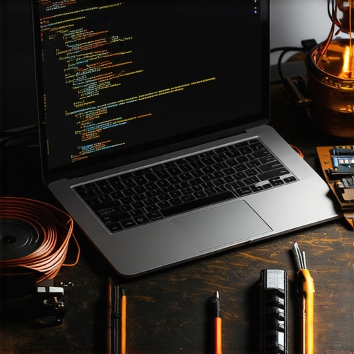A laptop on a workbench showing Python code for ensemble learning amidst DIY tools.
