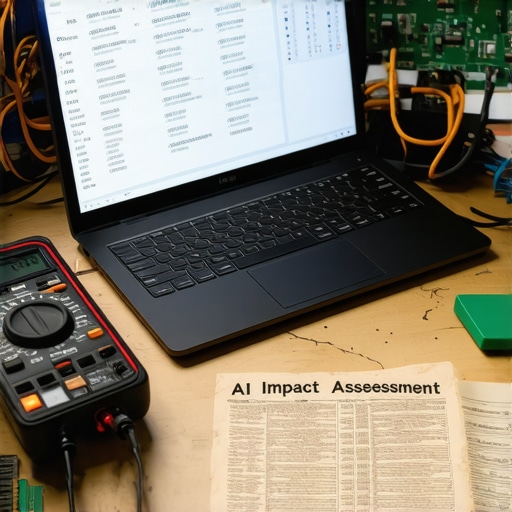 DIY AI Impact Assessment Workshop Setup Radni sto sa laptopom i tehničkom dokumentacijom za procjenu AI uticaja