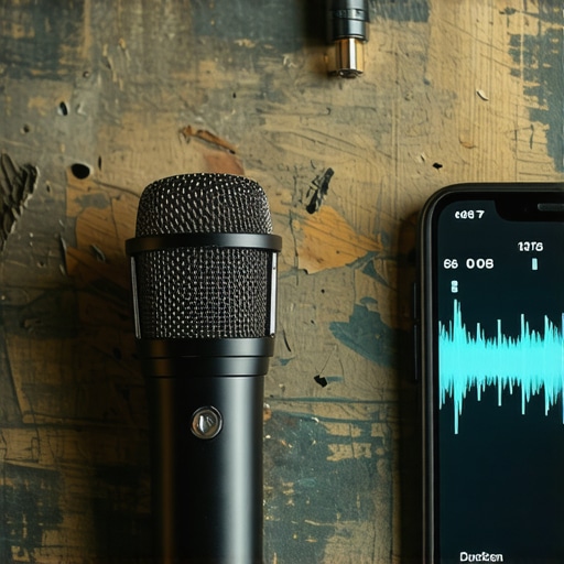 Microphone and smartphone set up for AI language practice on a wooden table.
