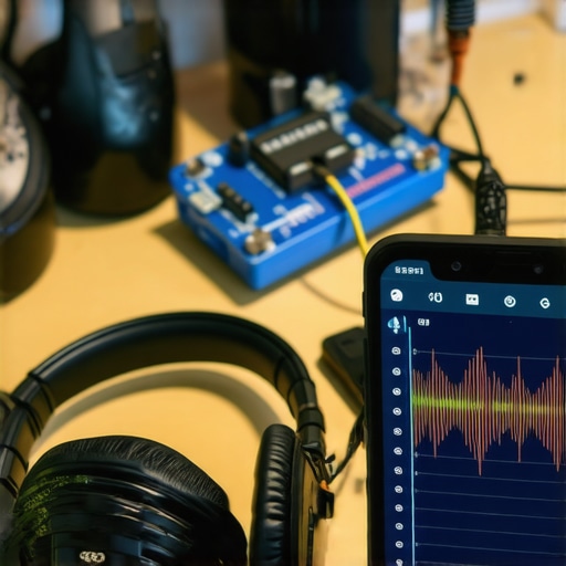 Smartphone and headset on a workshop table for practicing English with AI.