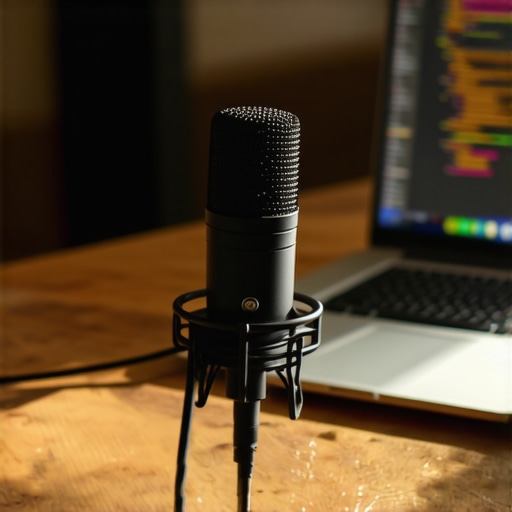 Professional microphone on a desk representing the hardware needed for AI meeting transcription.