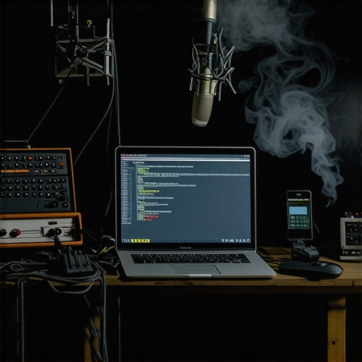 Gritty DIY home studio with AI tools and recycled hardware for music production.