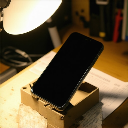 Smartphone on a cardboard stand scanning a document with side lighting for better OCR results.