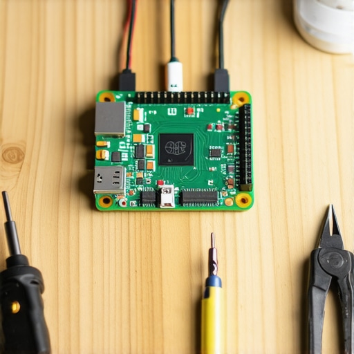 Close up of Raspberry Pi with PIR sensor and camera on a wooden workbench