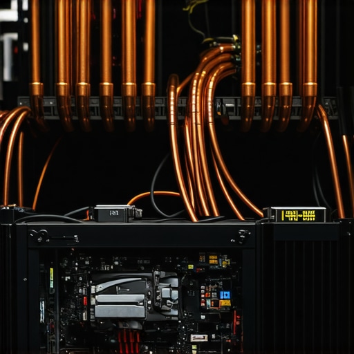 A gritty close-up of a custom water-cooled AI server built in a home workshop with visible copper pipes and components.