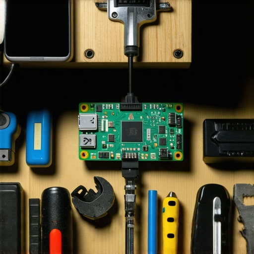 Close-up of a DIY computer vision system using a Raspberry Pi and a smartphone camera in a garage workshop