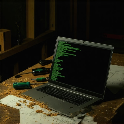 Old laptop in a workshop running AI code among mechanical tools.
