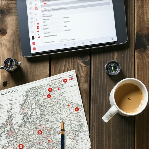 Close-up of a laptop and map for travel planning on a workbench