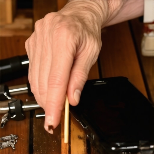 Ruke penzionera čiste mikrofon na telefonu drvenom čačkalicom na radioničkom stolu