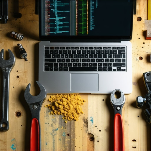 Digitalna i fizička automatizacija u radionici Laptop sa kodom pored alata u radionici