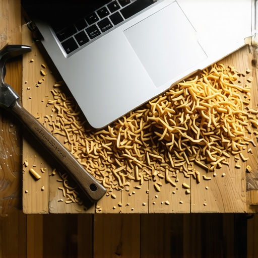 Laptop na stolarskom stolu prekrivenom piljevinom i alatima, simbolizira spoj AI i DIY zanata