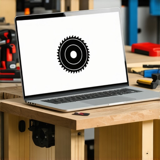 Laptop na radnom stolu prikazuje AI generisani logo pored stolarskog alata