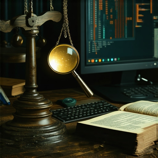 Etičko prikupljanje AI podataka u 2026 Digitalna vaga koja mjeri AI čip i knjigu zakona na drvenom stolu