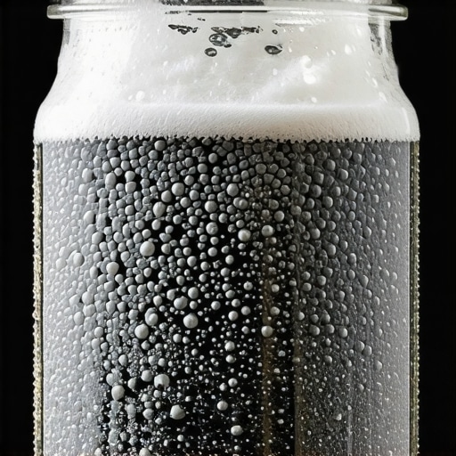 Failed fermentation in a glass jar Gray foam and bubbles in a jar of spoiled pickled vegetables