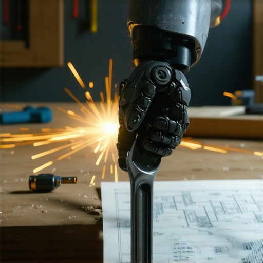 Robotska ruka drži ključ u radionici sa varnicama u pozadini